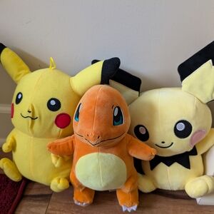 Pokemon Pikachu, Charmander, and Pichu Stuffed Animals - Yellow, Orange, Black